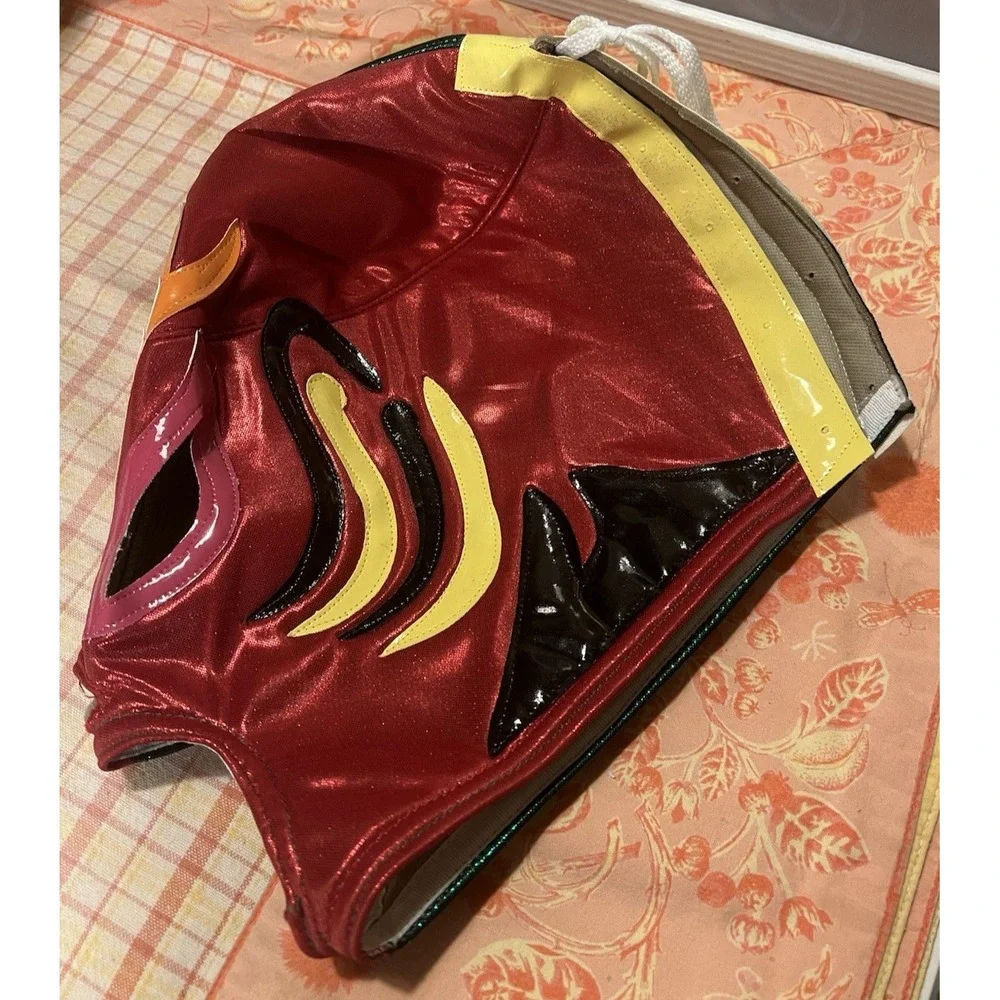 Lucha Libre Mask Vinyl Back Lace Up Red Green Multi Sparkle Flame Adult‎ Size